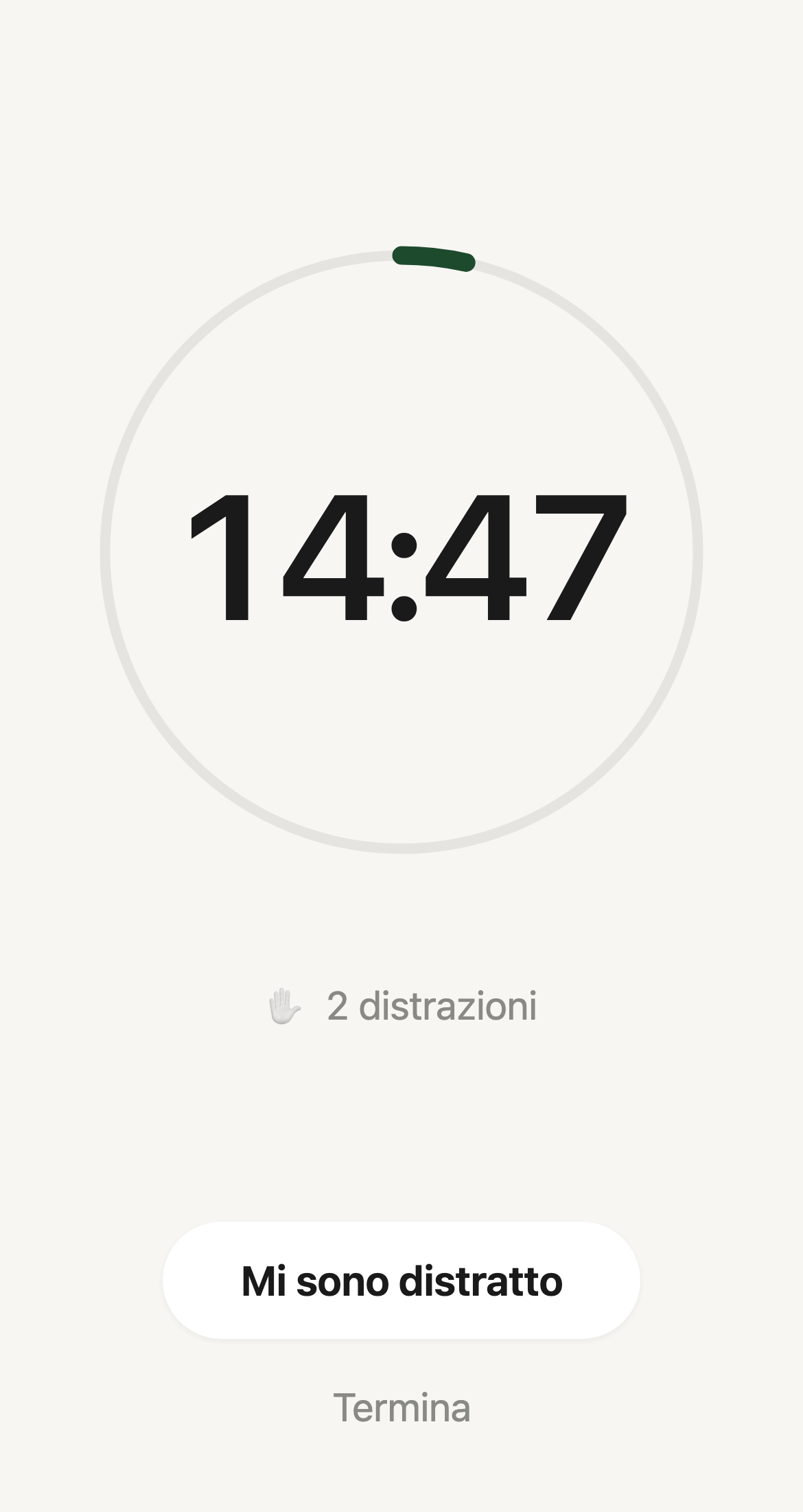 Schermata di Talent: sessione in corso, mancano 14 minuti e 47 secondi, due distrazioni annotate senza drammi.