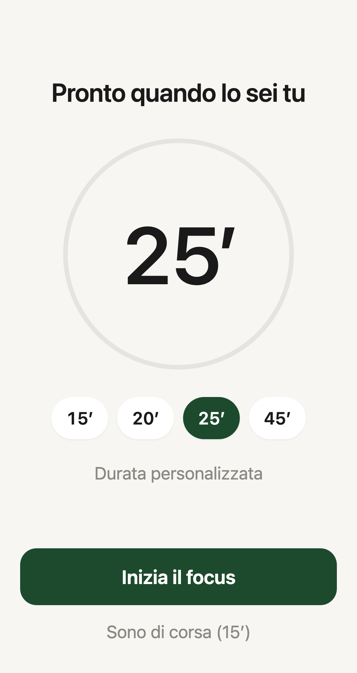 Schermata di Talent: scegli la durata della sessione, 25 minuti, e tocchi Inizia il focus.