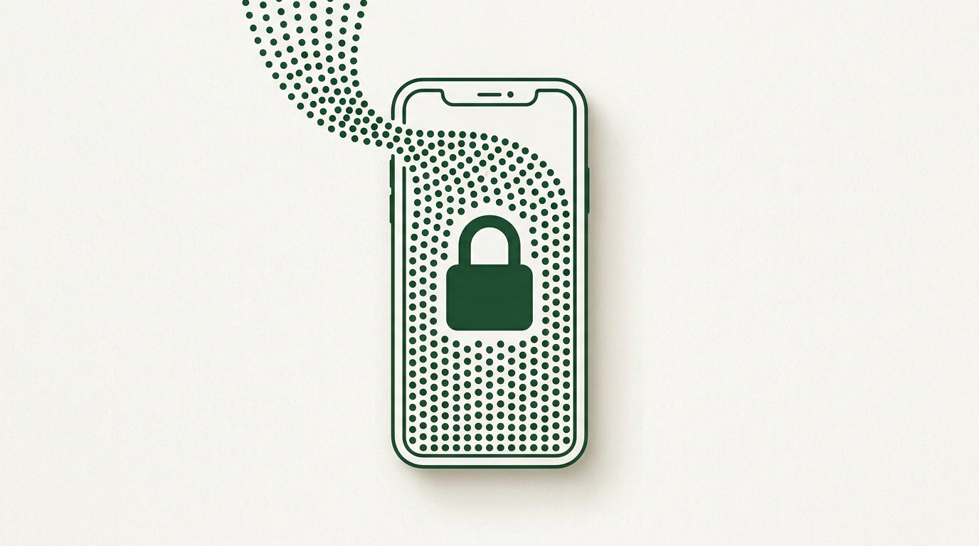 Illustrazione: piccoli punti di dati entrano in un iPhone disegnato a linee verdi e si fermano lì, protetti da un lucchetto.